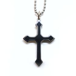 Steel Cross with Black Resin Inlay - Pendant with Chain